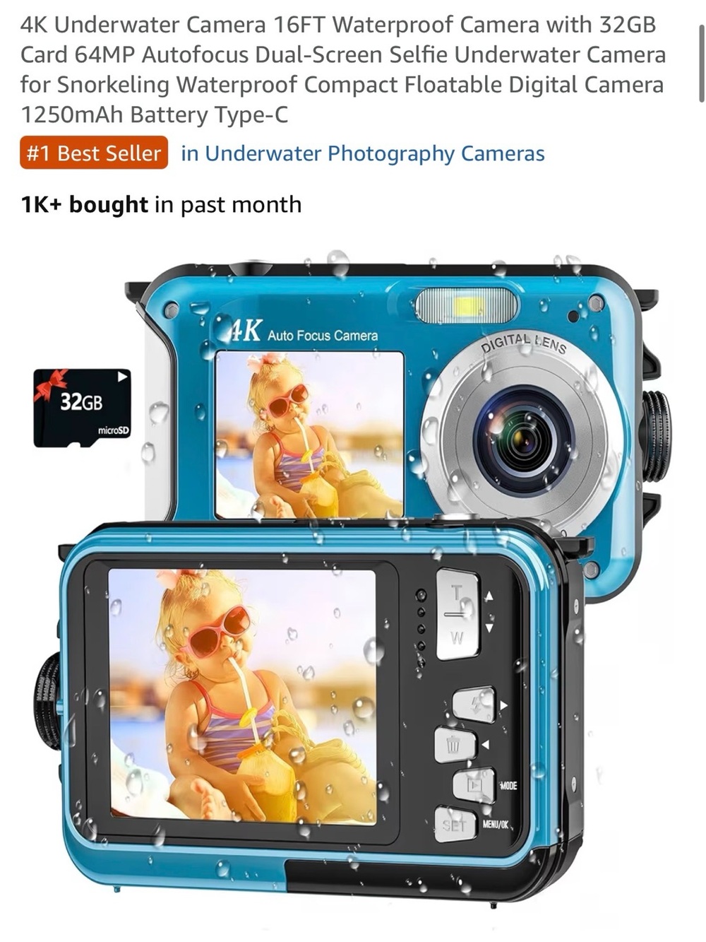 4K Waterproof Underwater Camera - Blue | 64MP Autofocus, Dual-Screen